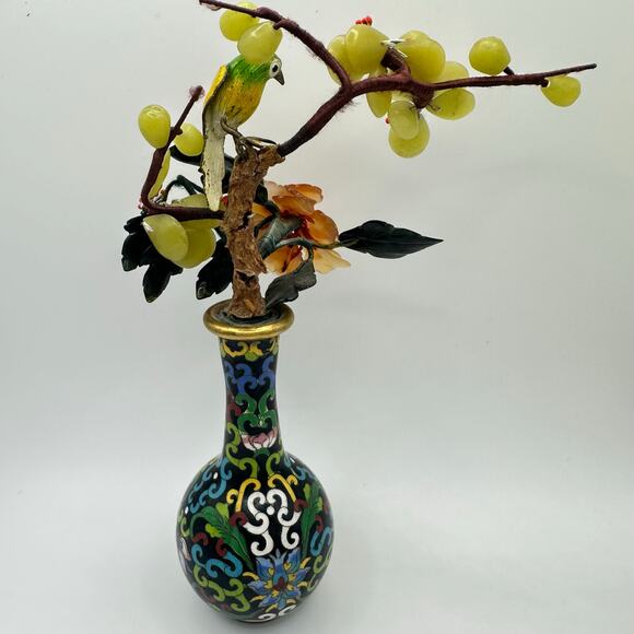 Vintage Chinese cloisonné enamel vase guilloche bird semiprecious flowers tree - Picture 8 of 11